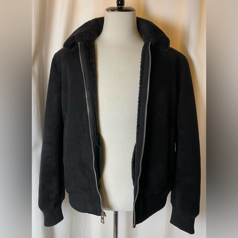 Guess Black Suede Like Faux Fur XL Jacket Bomber Sherpa Lining Zipper Front Rare